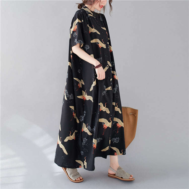 Summer Stand Collar Crane Print Plus Sizes Women Long Shirt Dresses-Dresses-The same as picture-One Size (45-75kg)-Free Shipping Leatheretro