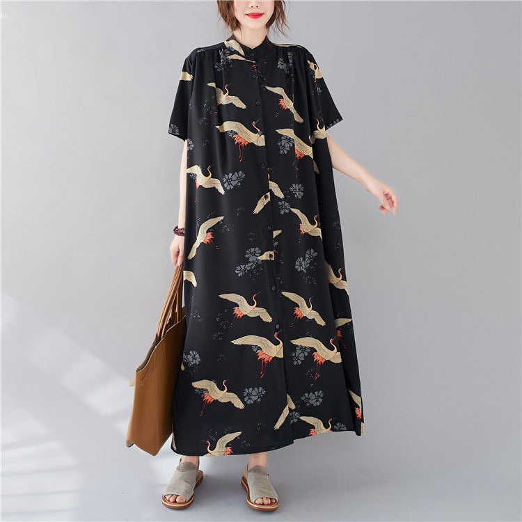 Summer Stand Collar Crane Print Plus Sizes Women Long Shirt Dresses-Dresses-The same as picture-One Size (45-75kg)-Free Shipping Leatheretro