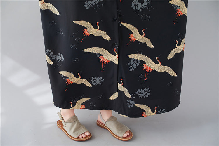 Summer Stand Collar Crane Print Plus Sizes Women Long Shirt Dresses-Dresses-The same as picture-One Size (45-75kg)-Free Shipping Leatheretro