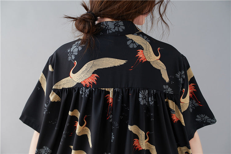 Summer Stand Collar Crane Print Plus Sizes Women Long Shirt Dresses-Dresses-The same as picture-One Size (45-75kg)-Free Shipping Leatheretro