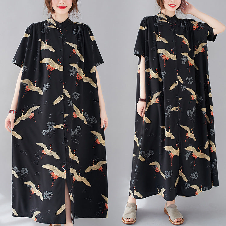 Summer Stand Collar Crane Print Plus Sizes Women Long Shirt Dresses-Dresses-The same as picture-One Size (45-75kg)-Free Shipping Leatheretro