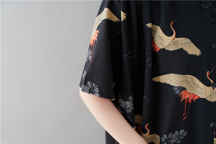 Summer Stand Collar Crane Print Plus Sizes Women Long Shirt Dresses-Dresses-The same as picture-One Size (45-75kg)-Free Shipping Leatheretro