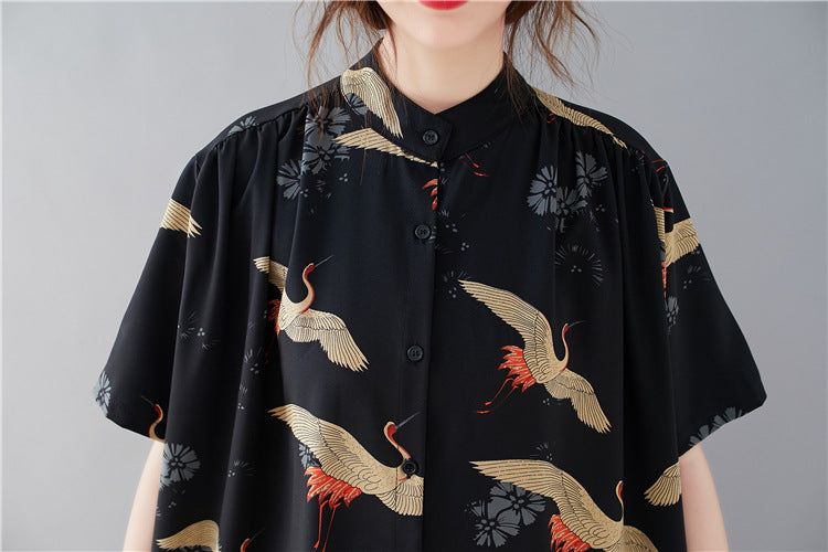 Summer Stand Collar Crane Print Plus Sizes Women Long Shirt Dresses-Dresses-The same as picture-One Size (45-75kg)-Free Shipping Leatheretro