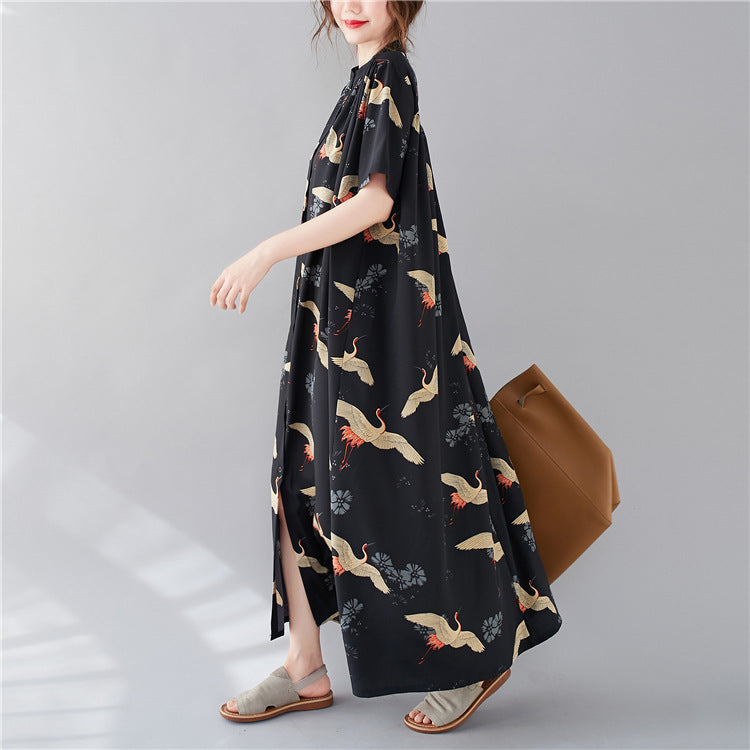 Summer Stand Collar Crane Print Plus Sizes Women Long Shirt Dresses-Dresses-The same as picture-One Size (45-75kg)-Free Shipping Leatheretro