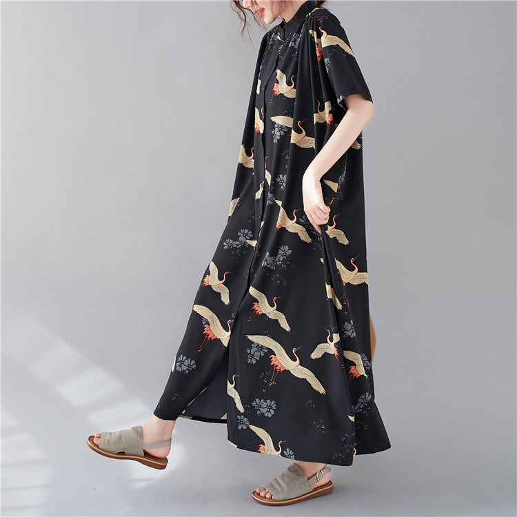 Summer Stand Collar Crane Print Plus Sizes Women Long Shirt Dresses-Dresses-The same as picture-One Size (45-75kg)-Free Shipping Leatheretro