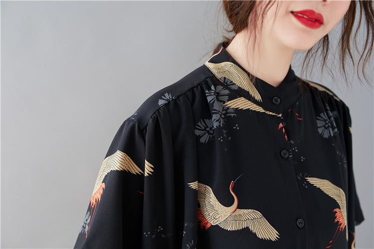 Summer Stand Collar Crane Print Plus Sizes Women Long Shirt Dresses-Dresses-The same as picture-One Size (45-75kg)-Free Shipping Leatheretro