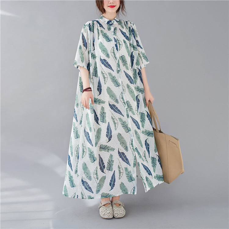 Summer Leaf Print Plus Sizes Women Long Shirt Dresses-Dresses-The same as picture-One Size (45-75kg)-Free Shipping Leatheretro