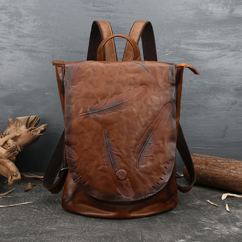 Women Vintage Emlossing Cowhide Leather Backpack 9043-Leatehr Backpack-Black-Free Shipping Leatheretro