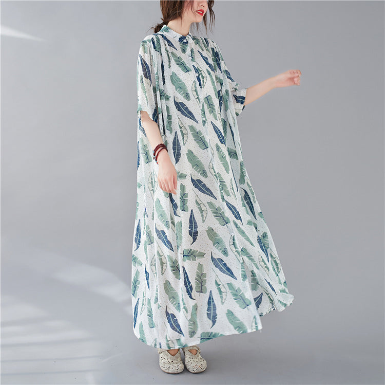 Summer Leaf Print Plus Sizes Women Long Shirt Dresses-Dresses-The same as picture-One Size (45-75kg)-Free Shipping Leatheretro