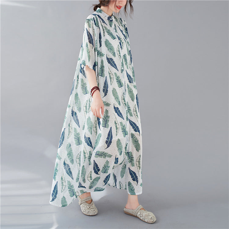 Summer Leaf Print Plus Sizes Women Long Shirt Dresses-Dresses-The same as picture-One Size (45-75kg)-Free Shipping Leatheretro