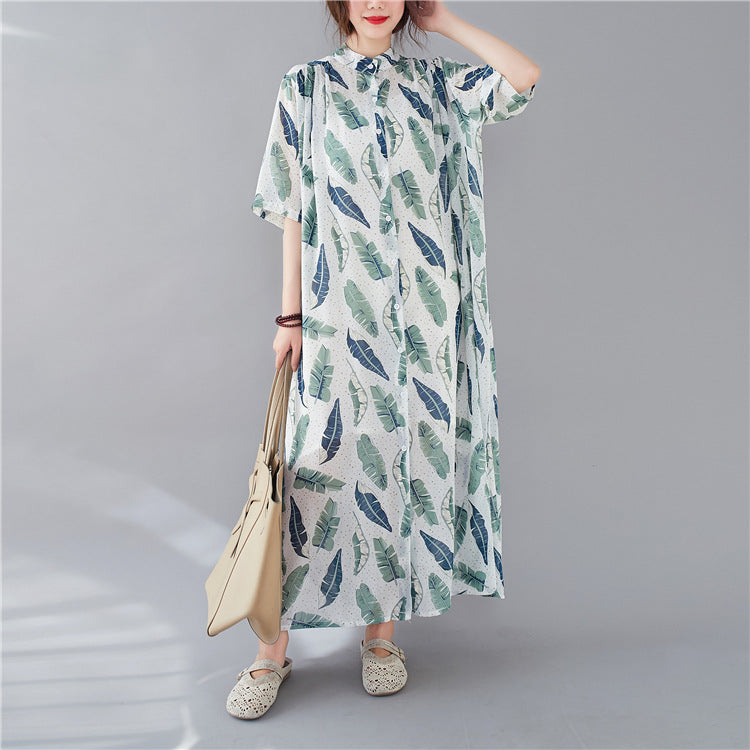 Summer Leaf Print Plus Sizes Women Long Shirt Dresses-Dresses-The same as picture-One Size (45-75kg)-Free Shipping Leatheretro