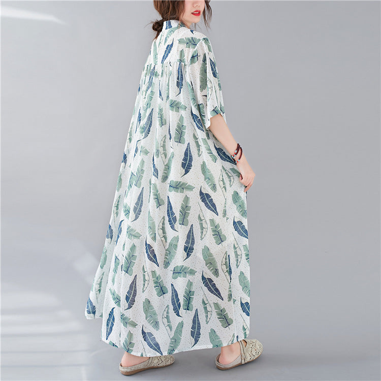 Summer Leaf Print Plus Sizes Women Long Shirt Dresses-Dresses-The same as picture-One Size (45-75kg)-Free Shipping Leatheretro