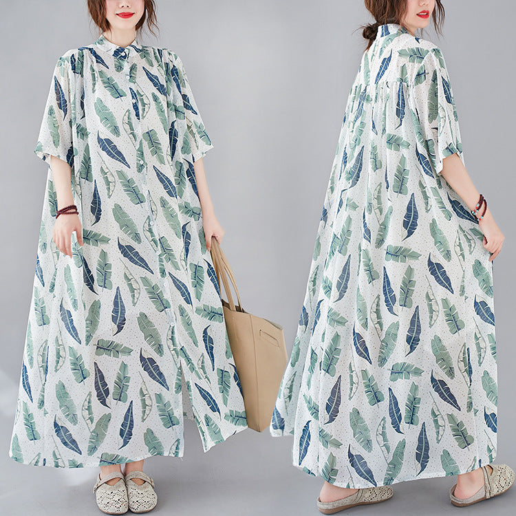 Summer Leaf Print Plus Sizes Women Long Shirt Dresses-Dresses-The same as picture-One Size (45-75kg)-Free Shipping Leatheretro