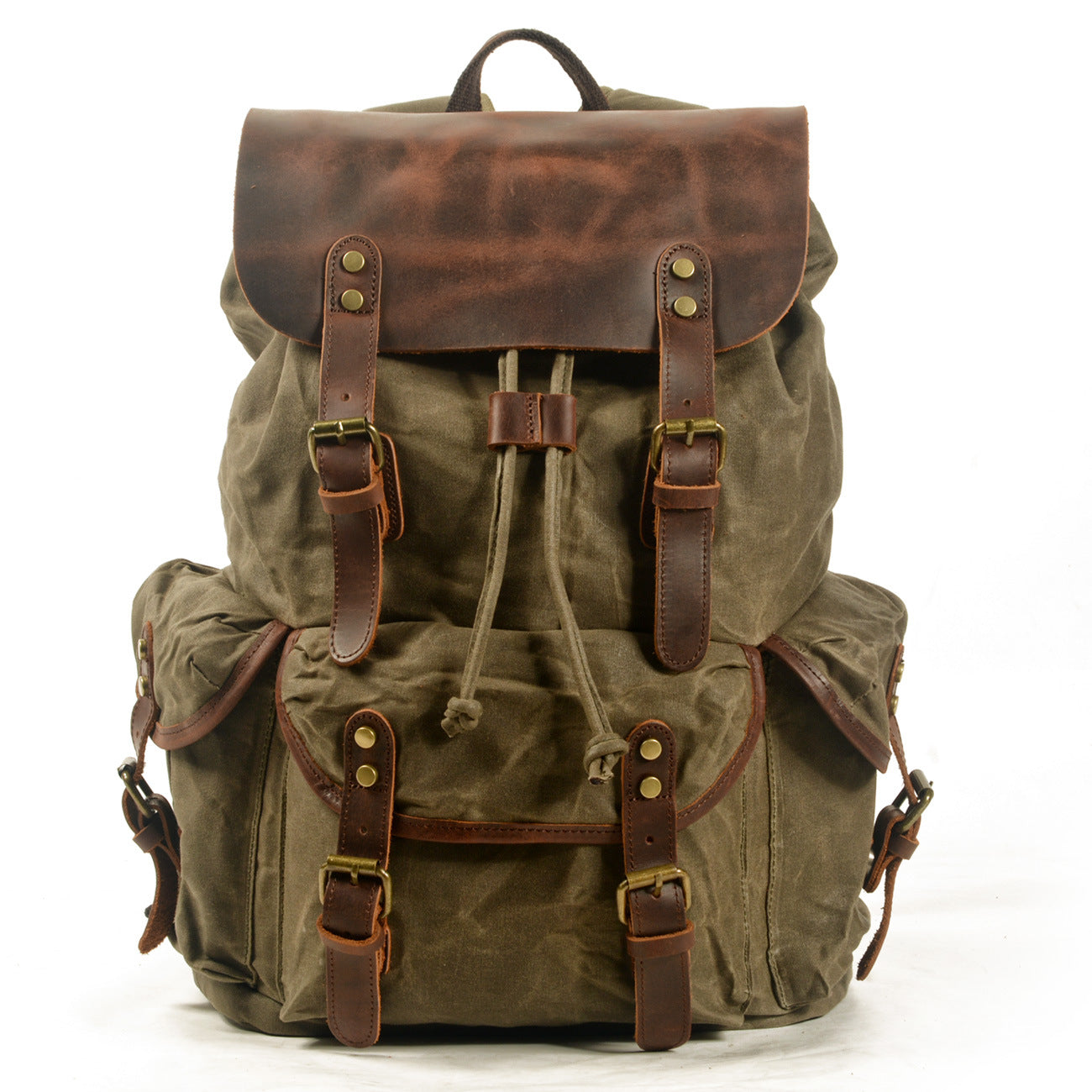 Casual Vintage Drawstrawing Waxed Canvas Hiking Rucksack 6105-Leather Canvas Backpack-Army Green-Free Shipping Leatheretro