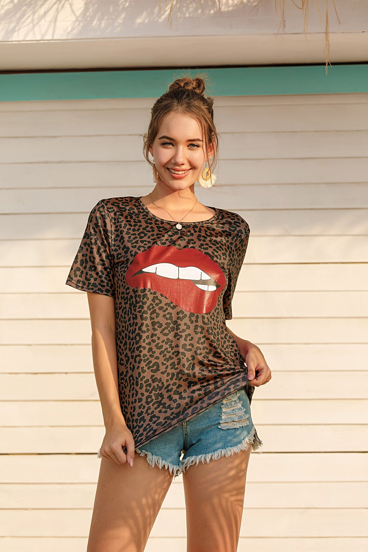 Casual Lip Print Short Sleeves T Shirts for Women-Shirts & Tops-Red-S-Free Shipping Leatheretro