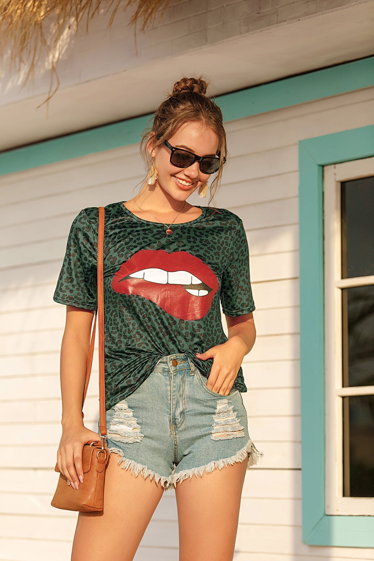 Casual Lip Print Short Sleeves T Shirts for Women-Shirts & Tops-Green-S-Free Shipping Leatheretro