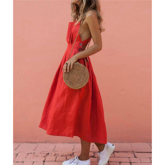 Red Women Straps Midi Length Dresses-Casual Dresses-Red-S-Free Shipping Leatheretro