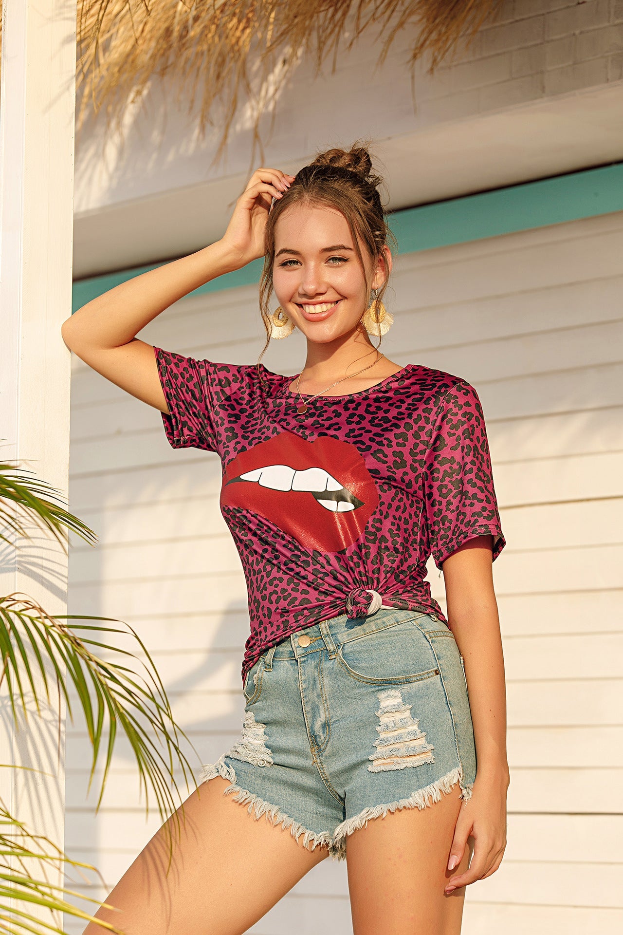 Casual Lip Print Short Sleeves T Shirts for Women-Shirts & Tops-Red-S-Free Shipping Leatheretro