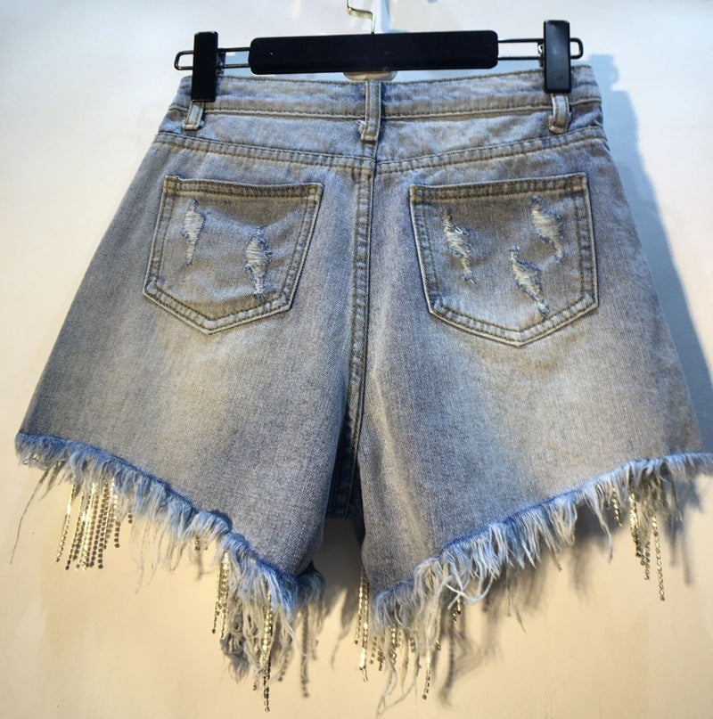 Summer High Waist Broken Holes Chains Denim Shorts-Pants-Blue-S-Free Shipping Leatheretro