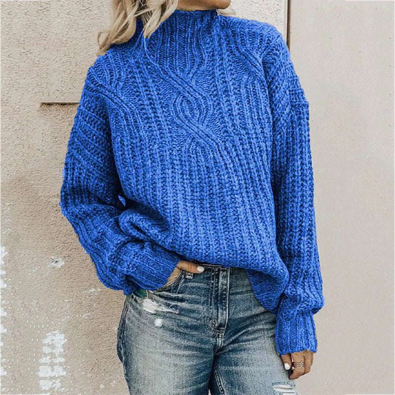 Fashion Women Knitted High Neck Sweaters-Shirts & Tops-Blue-S-Free Shipping Leatheretro