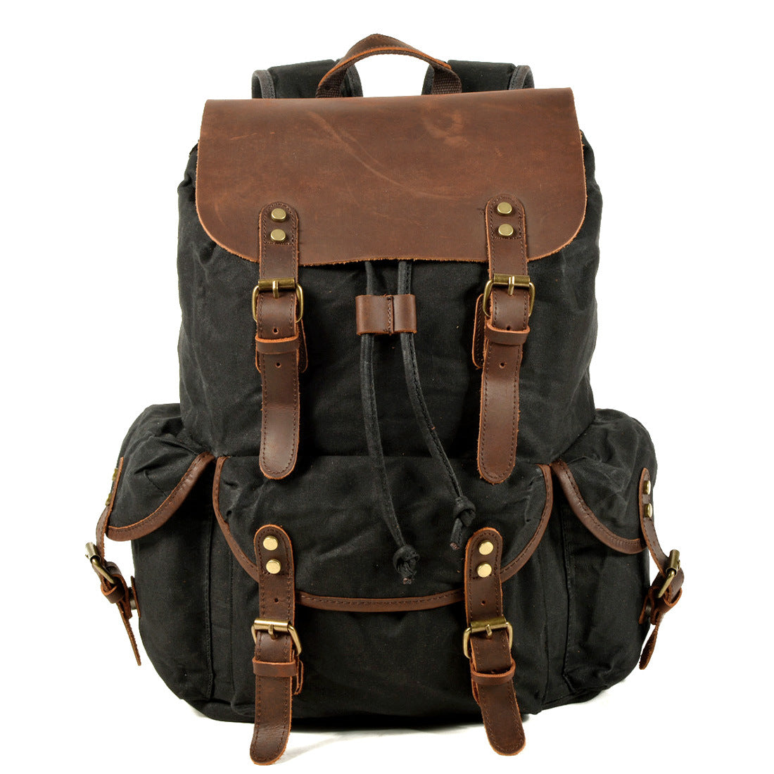 Casual Vintage Drawstrawing Waxed Canvas Hiking Rucksack 6105-Leather Canvas Backpack-Black-Free Shipping Leatheretro