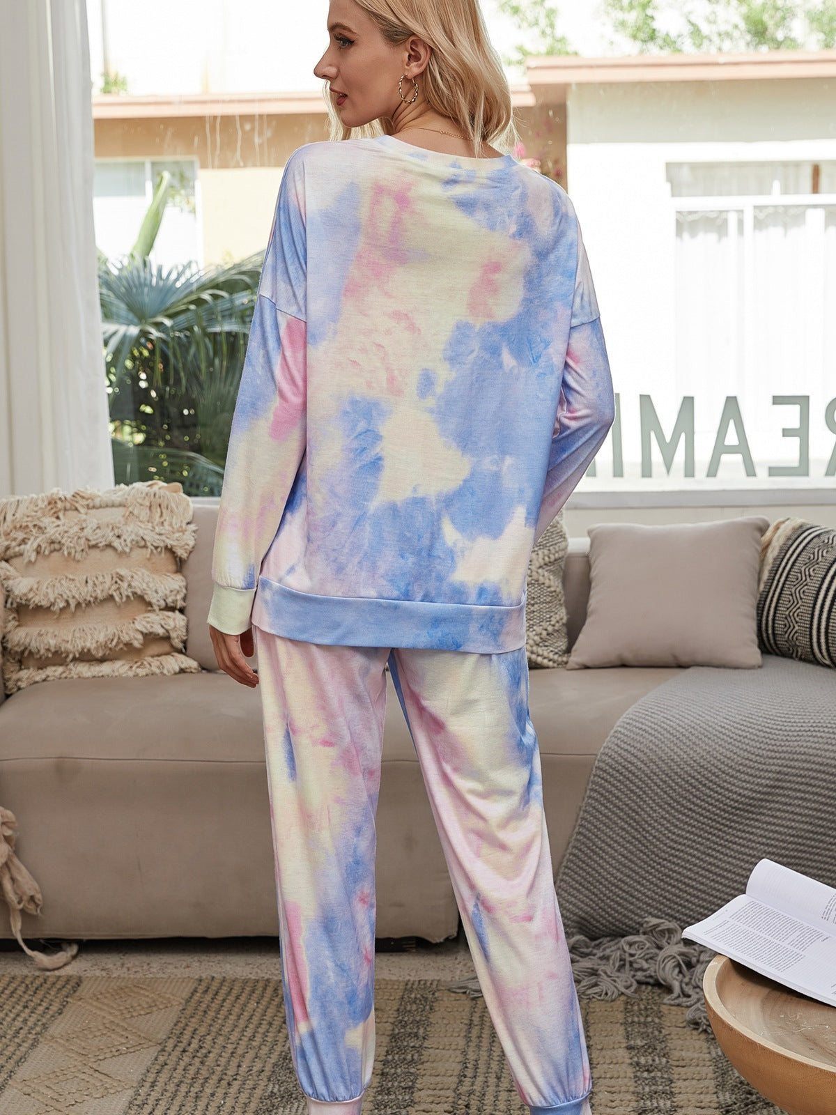 Casual Dyed Long Sleeves Women Homewear Sets-Sleepwear & Loungewear-Blue-S-Free Shipping Leatheretro