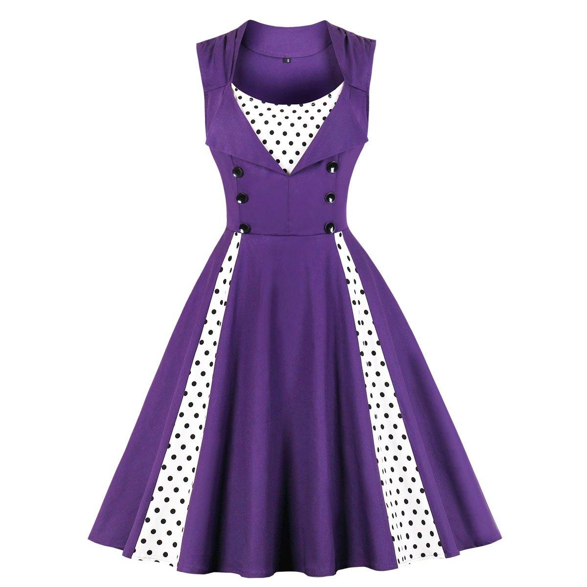 Women Vintage Sleeveless Midi Length Dresses-Vintage Dresses-Purple-S-Free Shipping Leatheretro