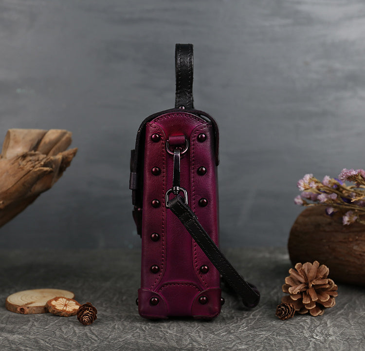 Vintage Vege Tanned Leather Rivet Lock Button Cellphone Bags D829-Handbags, Wallets & Cases-Purple-Free Shipping Leatheretro