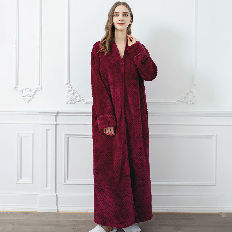 Cozy Fleece Women Sleepwear Gowns-Nightgowns-Wine Red-M-Free Shipping Leatheretro