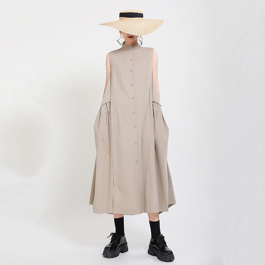 Elegant High Neck Linen Sleeves Women Long Dresses-Dresses-Khaki-One Size-Free Shipping Leatheretro