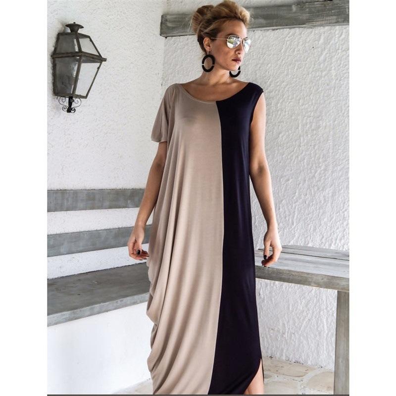 Plus Size One Shoulder Loose Long Dresses-Maxi Dresses-Khaki-S-Free Shipping Leatheretro