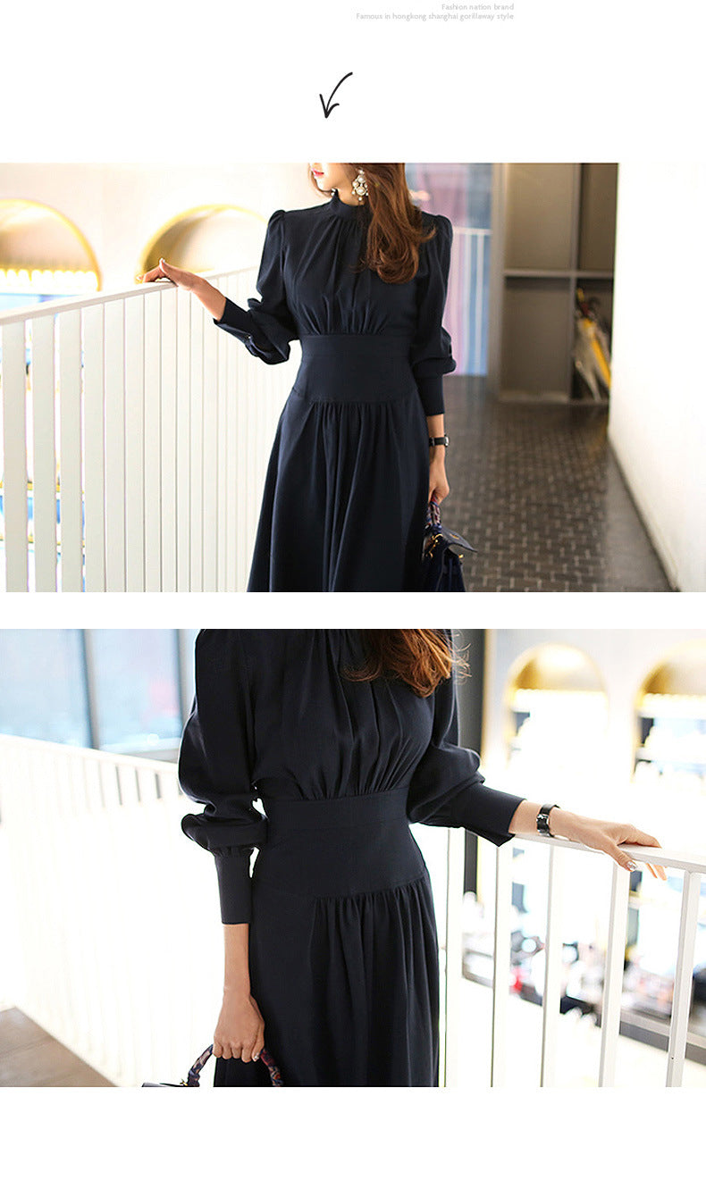 Elegant Stand Collar Office Lady Dresses-Dresses-Navy Blue-S-Free Shipping Leatheretro