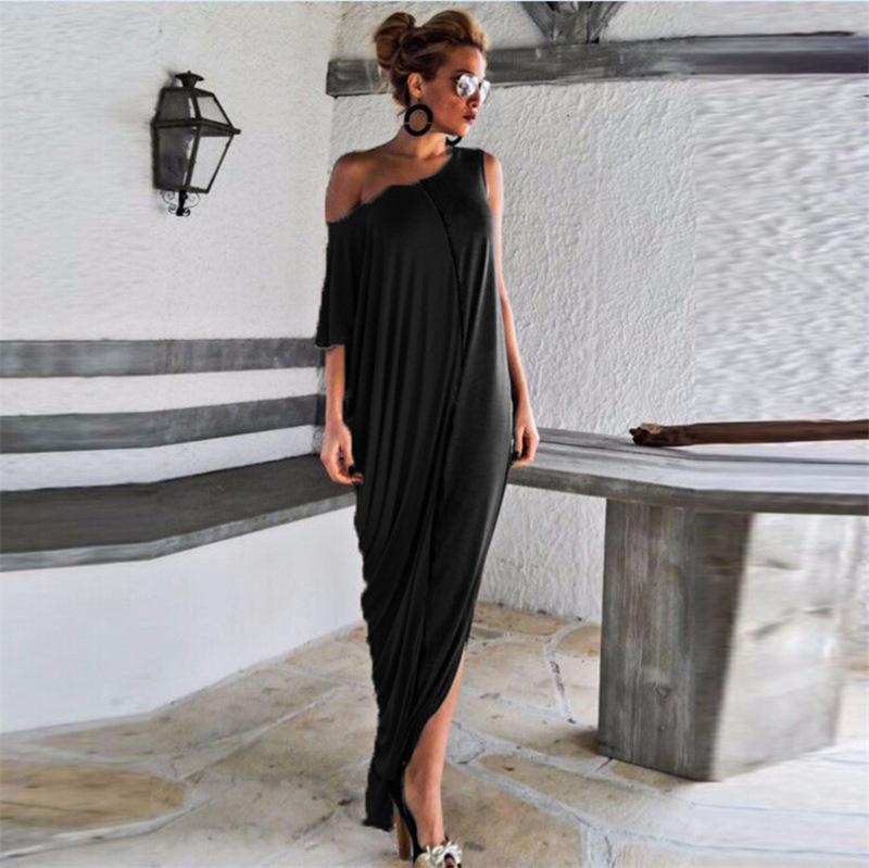 Plus Size One Shoulder Loose Long Dresses-Maxi Dresses-Black-S-Free Shipping Leatheretro