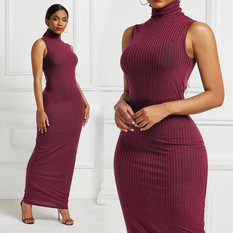 Wine Red Turtleneck Sleeveless Long Sheath Knitted Dresses-Dresses-Wine Red-S-Free Shipping Leatheretro