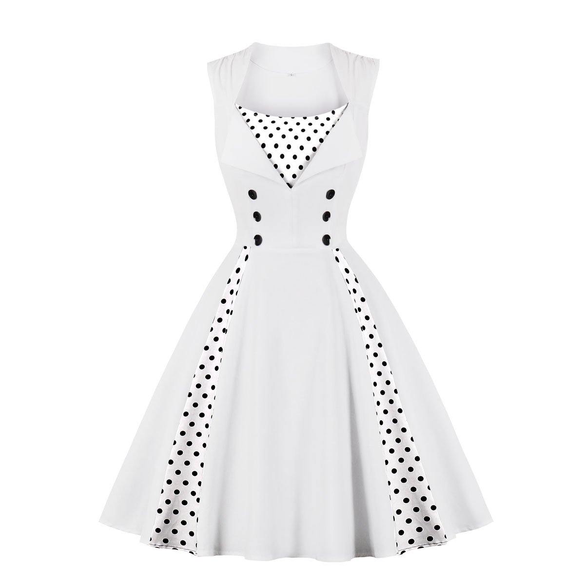 Women Vintage Sleeveless Midi Length Dresses-Vintage Dresses-White-S-Free Shipping Leatheretro