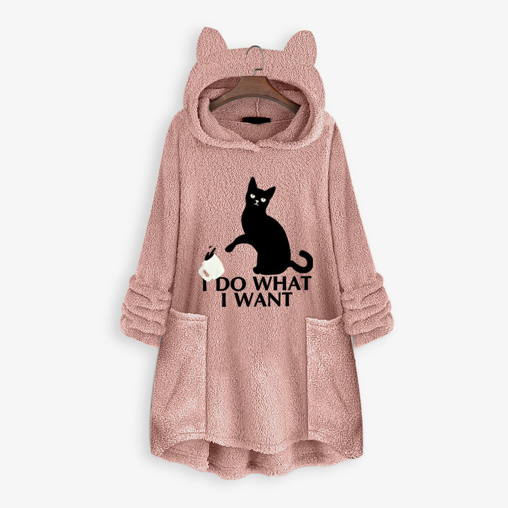 Casual Embroidery Cat Designed Loose Hoodies for Women-Shirts & Tops-Pink-M-Free Shipping Leatheretro