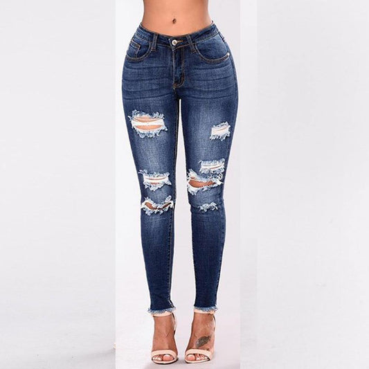 Women Elastic Broken Hole Jean Pants-Women Bottoms-2-S-Free Shipping Leatheretro