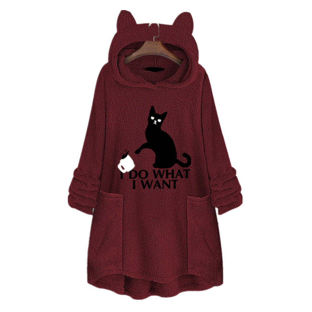 Casual Embroidery Cat Designed Loose Hoodies for Women-Shirts & Tops-Pink-M-Free Shipping Leatheretro