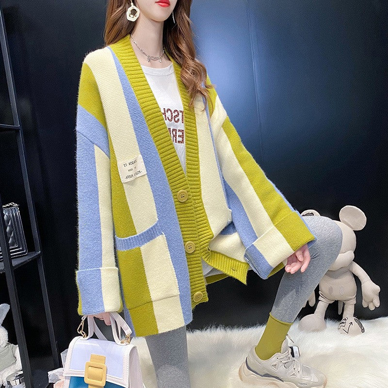 Casual Striped Knitting Cardigan Sweaters-Shirts & Tops-Yellow-One Size-Free Shipping Leatheretro