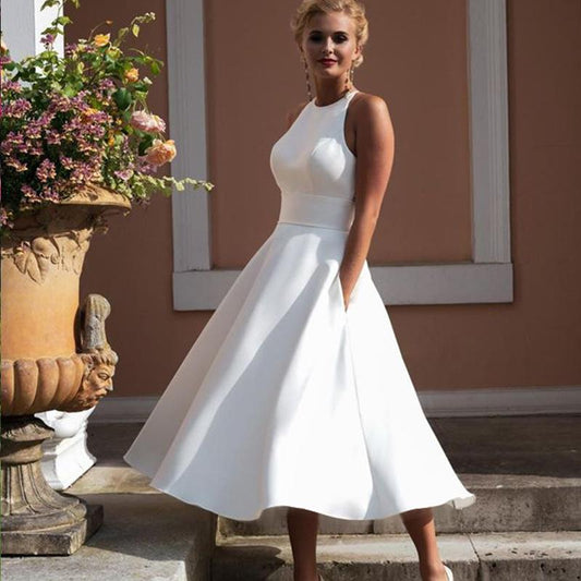 Women Halter Slim Waist Midi Dresses-Midi Dreses-White-S-Free Shipping Leatheretro