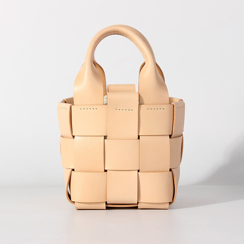 Handmade Leather Woven Bucket Handbags for Women B005-Handbags, Wallets & Cases-Ivory-Free Shipping Leatheretro