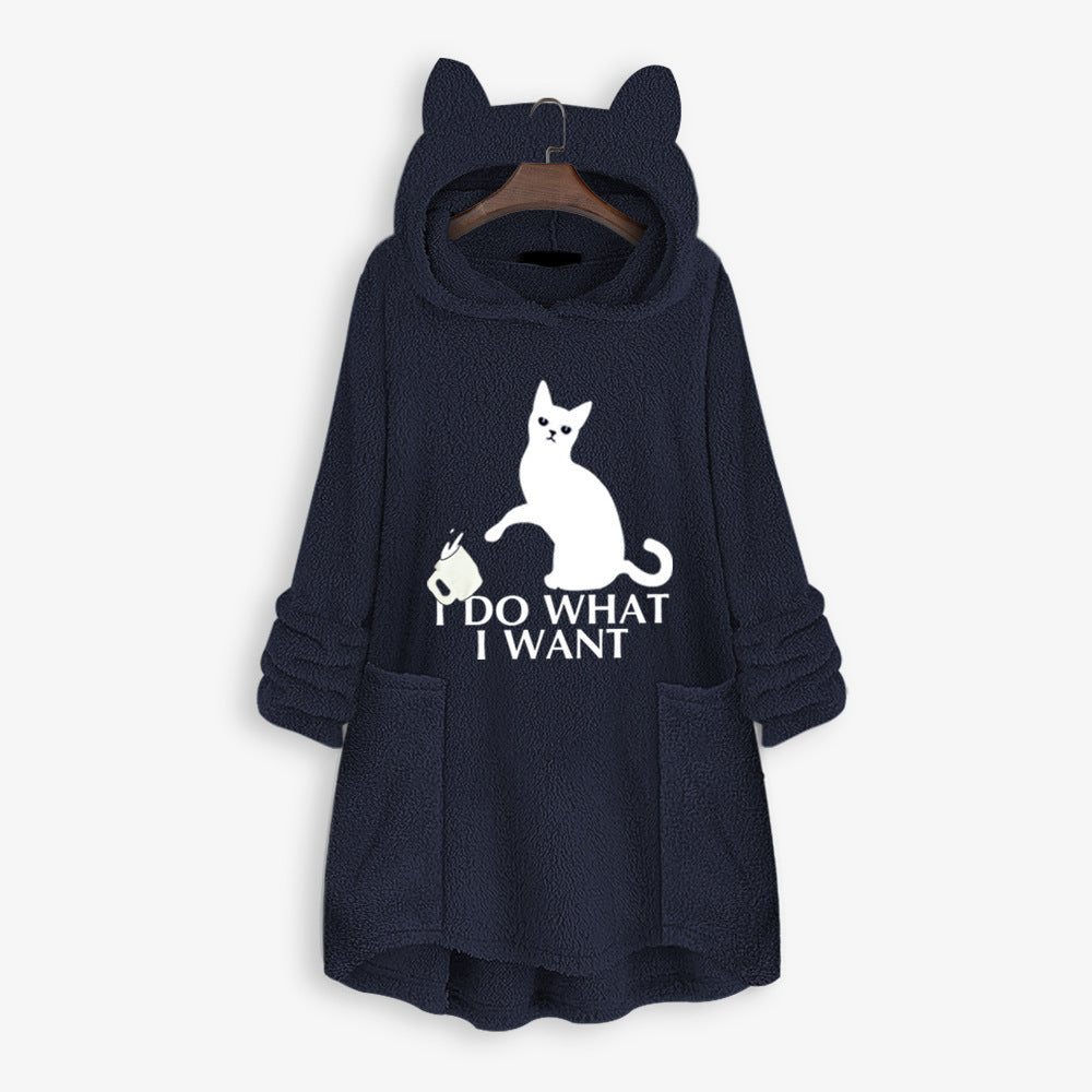 Casual Embroidery Cat Designed Loose Hoodies for Women-Shirts & Tops-Navy Blue-M-Free Shipping Leatheretro