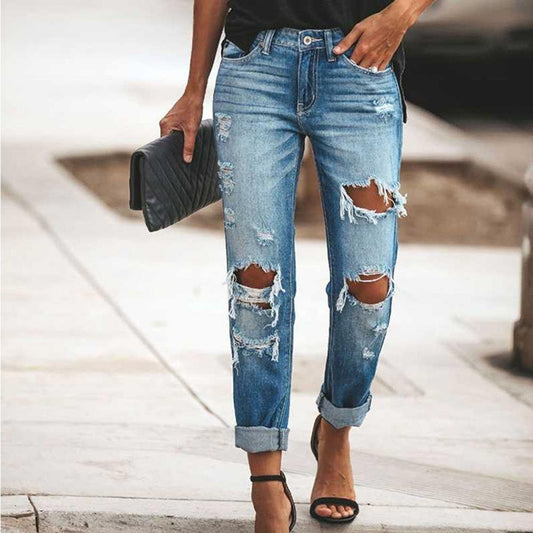 Women Broken Hole Long Jeans-Pants-Blue-S-Free Shipping Leatheretro