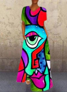 Vintage Face Cat Colorful Print Long Dresses for Women-Dresses-Big Eyes-Blue-S-Free Shipping Leatheretro