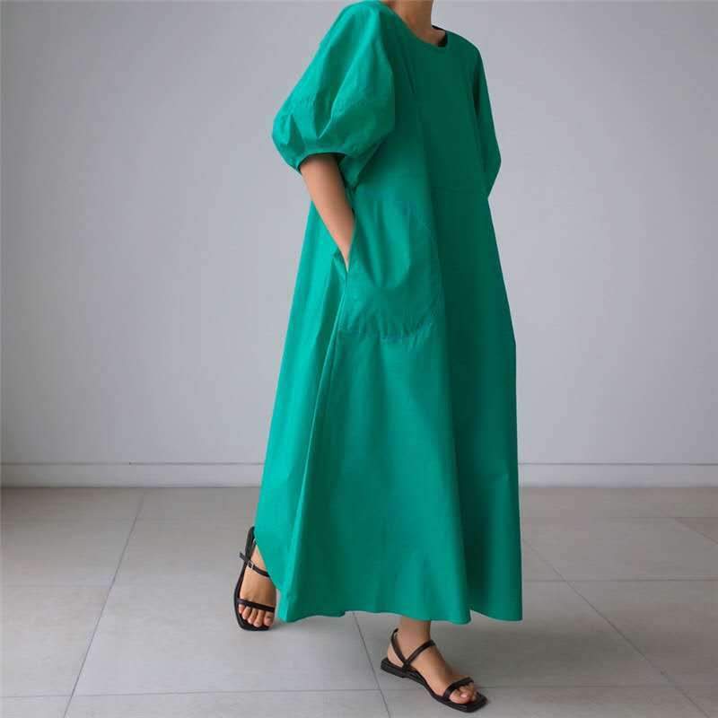 Loose Cozy Puff Sleeves Long Dresses-Maxi Dresses-Green-S-Free Shipping Leatheretro