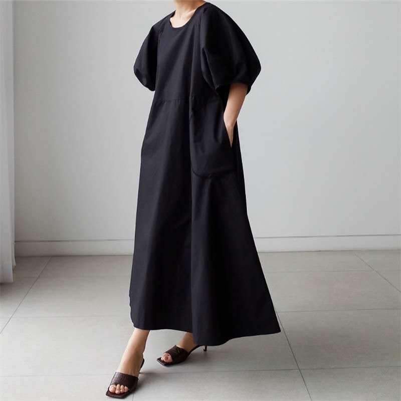 Loose Cozy Puff Sleeves Long Dresses-Maxi Dresses-Black-S-Free Shipping Leatheretro