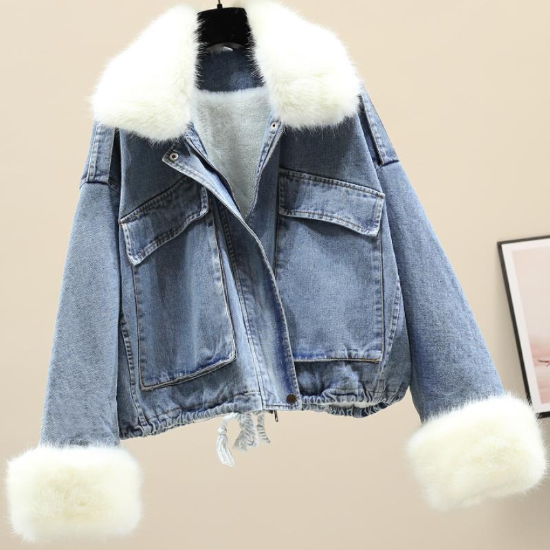 Casual Women Fur Neckline Denim Jacket Overcoat-Coats & Jackets-White Fur-M-Free Shipping Leatheretro