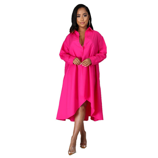 Casual Plus Sizes Long Sleeves Shirt Dresses-Dresses-Rose Red-M-Free Shipping Leatheretro
