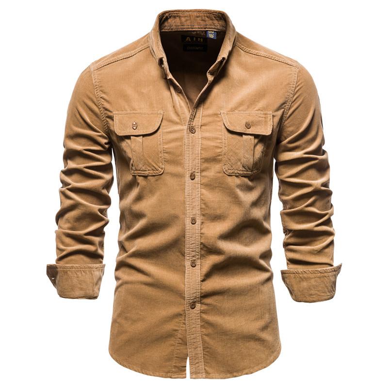 Casual Men Cotton Long Sleeves Shirts-Shirts & Tops-Brown-M-Free Shipping Leatheretro