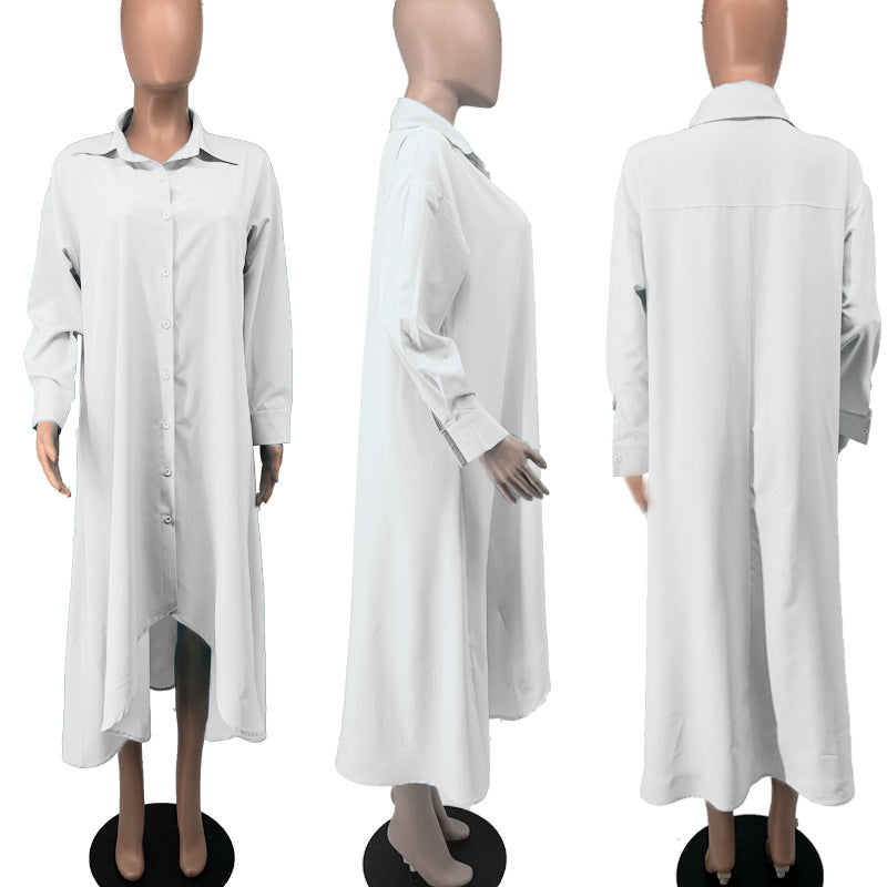 Casual Plus Sizes Long Sleeves Shirt Dresses-Dresses-White-M-Free Shipping Leatheretro